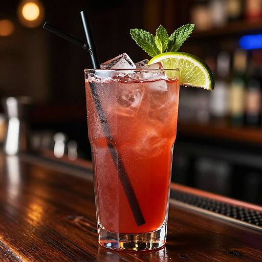 Photograph of a refreshing red cocktail with ice, black straw, lime wedge, and mint garnish on a wooden bar counter.