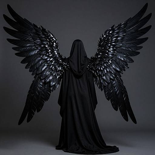 Mysterious figure in black cloak with large, detailed black feather wings, standing against a dark gradient background. Digital artwork.