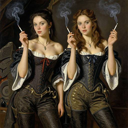 Digital painting of two women with pale skin, brown hair, and corsets, smoking cigarettes, standing against a dark, ornate background.