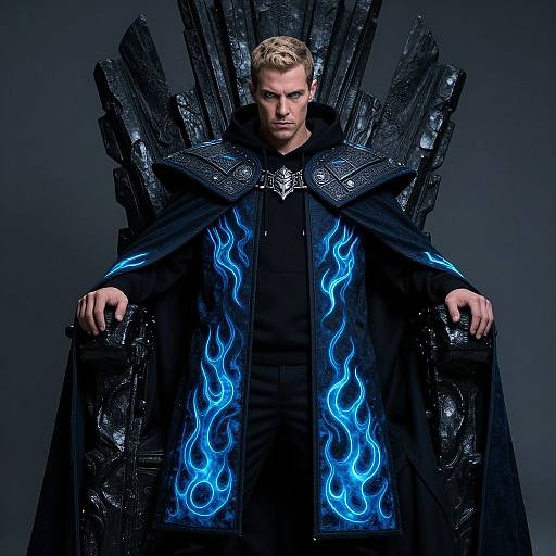 Photograph of a blond man with serious expression, wearing a black, glowing blue flame-embroidered cape and intricate throne. Dark background.