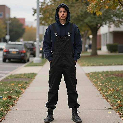 Young Man in Black Overalls and Hoodie Standing on Sidewalk