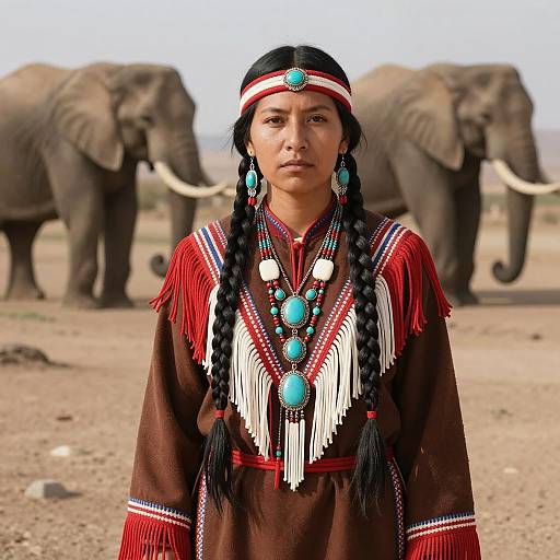 Native American Woman in Traditional Attire with Elephants