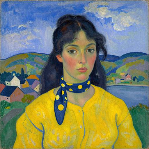 Expressionist painting of a young woman with fair skin, dark hair, wearing a yellow blouse and blue polka-dot scarf, set against a vibrant,