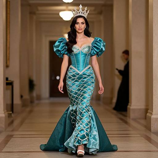 Photograph of a brunette woman in a teal, mermaid-style gown with puffed sleeves and silver crown, walking a hallway runway.