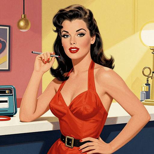 Vintage-style digital illustration of a fair-skinned woman with black wavy hair, red lipstick, and a red halter dress, applying lipstick in a