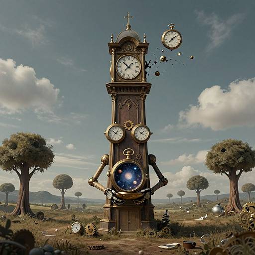 Digital surreal art: tall clock tower with multiple clocks, skeletal arms, holding a glowing blue orb, set in a grassy, tree-filled landscape with