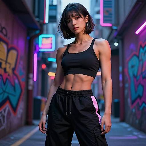 Photograph of a fit, young woman with short black hair, wearing a black sports bra and black pants with pink stripes, standing in a neon-l