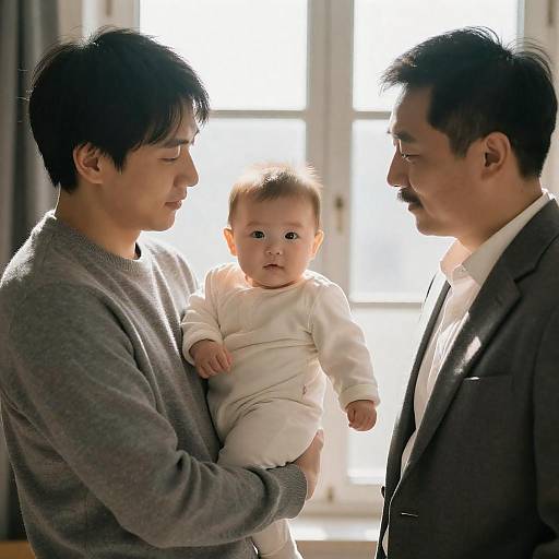 Two Men Holding Baby in Sunlit Room