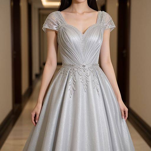 Photograph of a woman in a silver, V-neck, short-sleeved ball gown with intricate lace embellishments, standing in a dimly lit