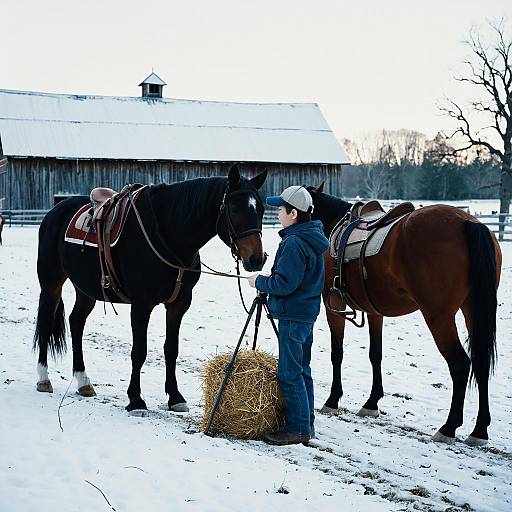 Boy Feeding Horses on Snowy Winter Farm