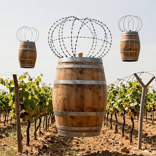 Photograph of three wooden barrels with metal wire spheres on top, standing in a vineyard with green grapevines and dry, rocky soil.