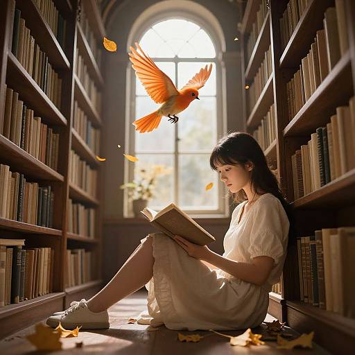 Photograph-style digital art of an Asian woman in a white dress reading in a sunlit library, with an orange bird flying above. Leaf petals float