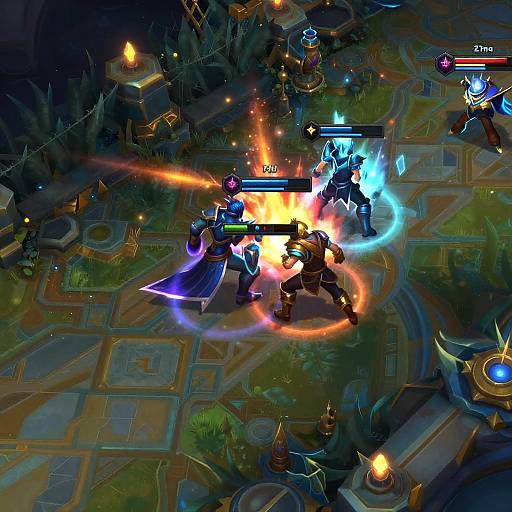 Epic fantasy battle screenshot: four armored warriors clash with glowing swords and elemental attacks in a vibrant, illuminated medieval village.