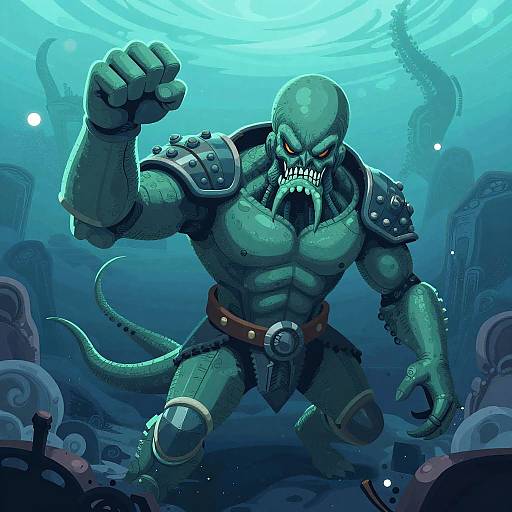 Armored Teal Kraken in Deep Ocean Abyss