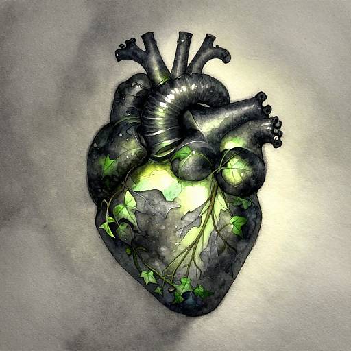Digital artwork of a black, glowing, stylized heart with green star patterns and illuminated veins on a textured gray background.