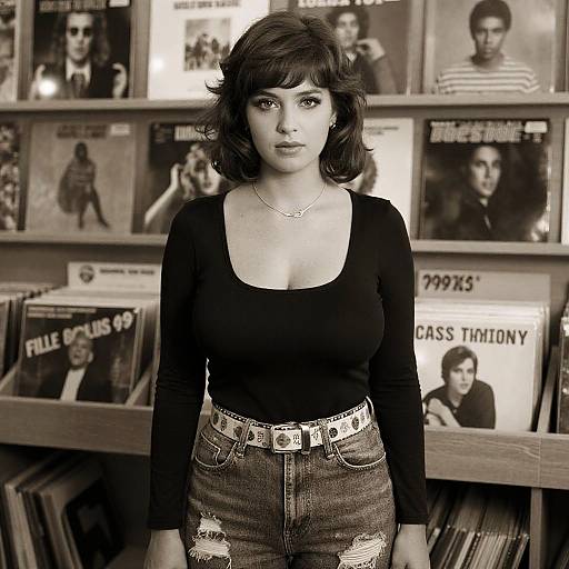 Photograph of a brunette woman with wavy hair, wearing a black long-sleeve top and distressed jeans, standing in front of a vintage record