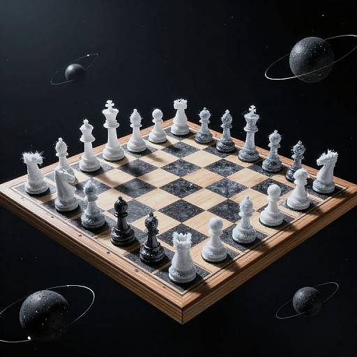 Photograph of a chessboard with white and black pieces floating in space, surrounded by black planets with white rings against a dark background.