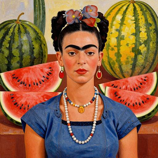 Photorealistic painting of Frida Kahlo with dark hair in buns, flower crown, blue dress, red earrings, and bead necklaces,