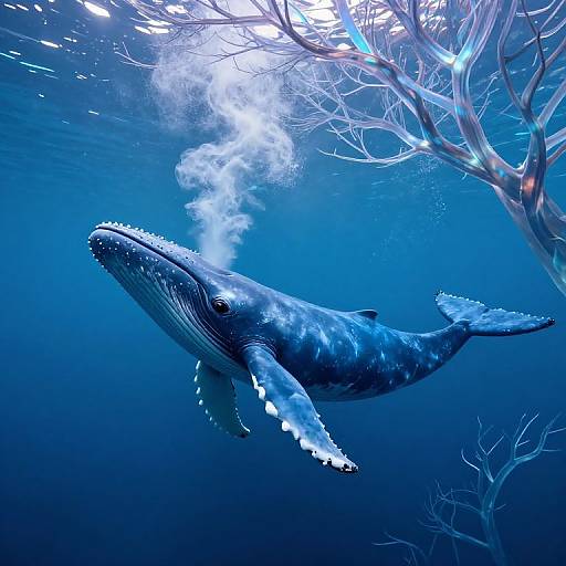 Photograph of a majestic blue whale swimming beneath translucent, sunlit seaweed in deep blue ocean water, exhaling bubbles.