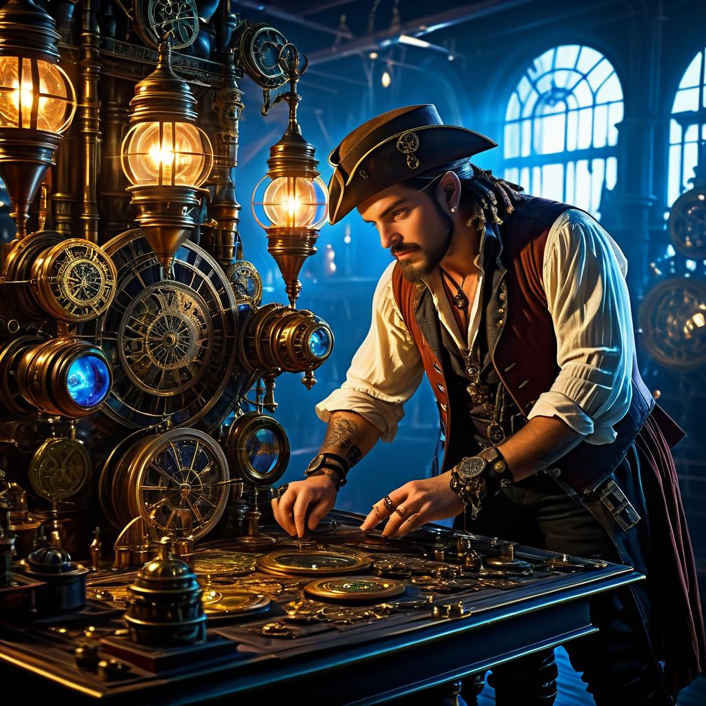 Cinematic Steampunk Pirate Exploring Artifacts