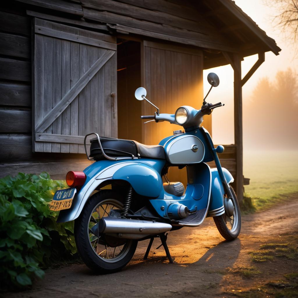 Nostalgic Moped by Barn at Dawn