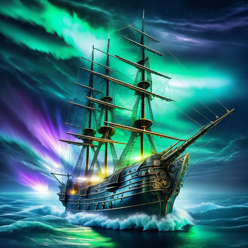 Steampunk Frigate Under Aurora Borealis