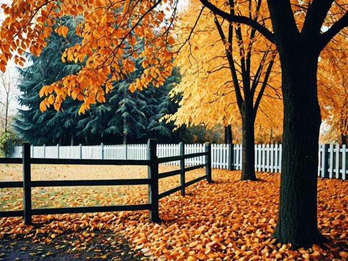 Autumn Trees with Orange Leaves and Fence