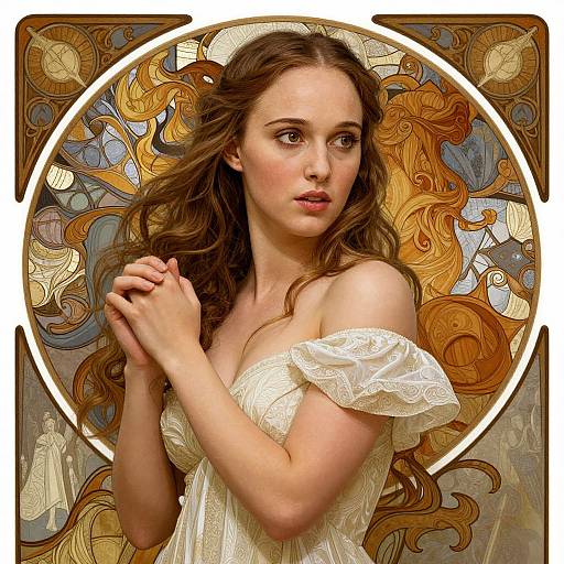 Digital artwork of a beautiful, fair-skinned woman with long, wavy brown hair, wearing an off-shoulder white lace dress, hands clas