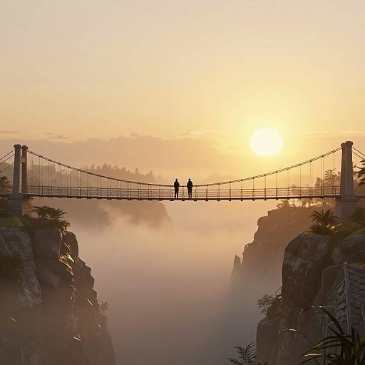 Photograph of a sunrise over a misty, rocky canyon with a suspension bridge. Two silhouetted figures stand on the center of the bridge