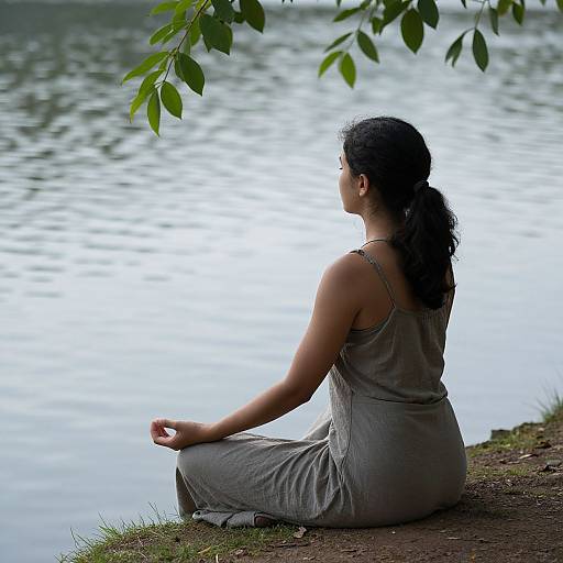Photograph of a woman with dark hair in a ponytail, wearing a gray dress, sitting cross-legged by a calm lake, meditating. Green