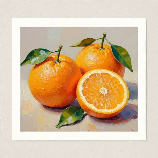 Photorealistic digital art of three bright orange oranges with green leaves, one halved, displaying juicy segments, on a light background.