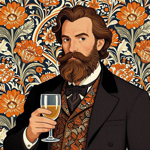 Digital illustration of a bearded man with brown hair, in a black suit and patterned vest, holding a glass of wine, against a vibrant orange
