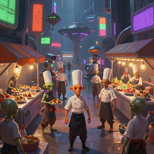 Digital art: Science-fantasy street market with green-skinned, humanoid chefs in white hats and aprons serving colorful food under neon lights.