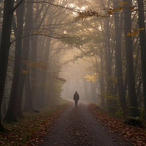 Photograph of a solitary figure jogging down a misty, leaf-covered forest path, flanked by tall, fog-shrouded trees with autumn foliage