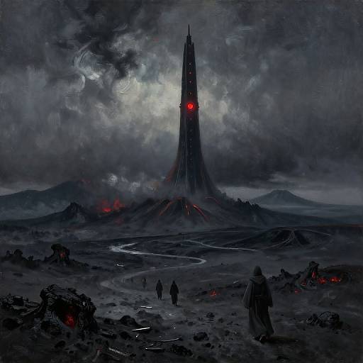 Dark, gothic digital painting of a tall, ominous tower with red eyes, surrounded by a cloudy night sky, ruined landscape, and silhouet