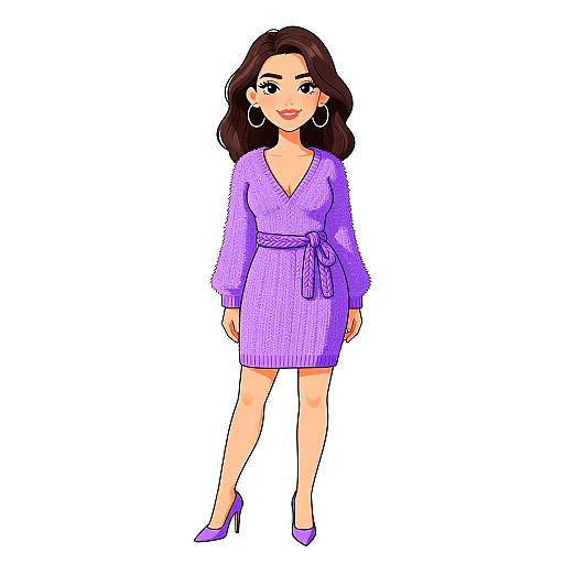 Digital drawing of a smiling woman with long brown hair, wearing a purple V-neck knit dress, matching high heels, and large hoop earrings, standing against