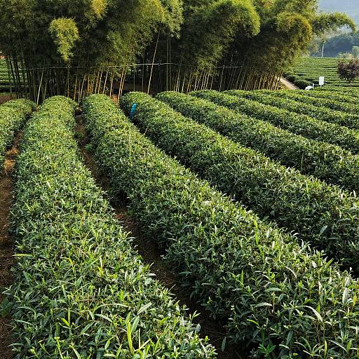 Photograph of lush, green tea plantation rows with tall, dark green trees in the background. Sunlight highlights the vibrant foliage, creating a serene,