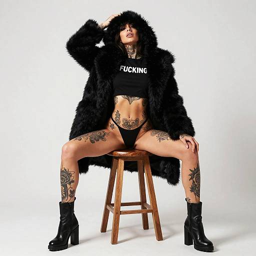 Photograph of a tattooed woman in black fur coat, 