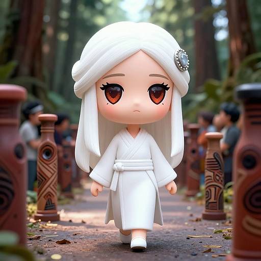 Chibi-style anime girl with white headscarf and robe, large red eyes, walking through a forest path with red, patterned stone pillars.