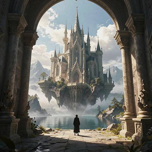 Fantasy digital artwork of a lone figure under a stone archway, gazing at a majestic floating castle with spires, surrounded by mist and mountains