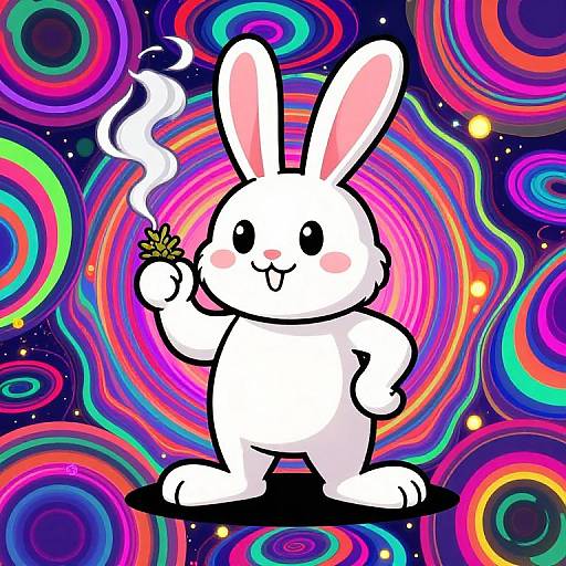 Cartoon white bunny with pink ears, holding a lit joint, stands on a black spot against a vibrant, psychedelic, colorful swirl background. Digital art