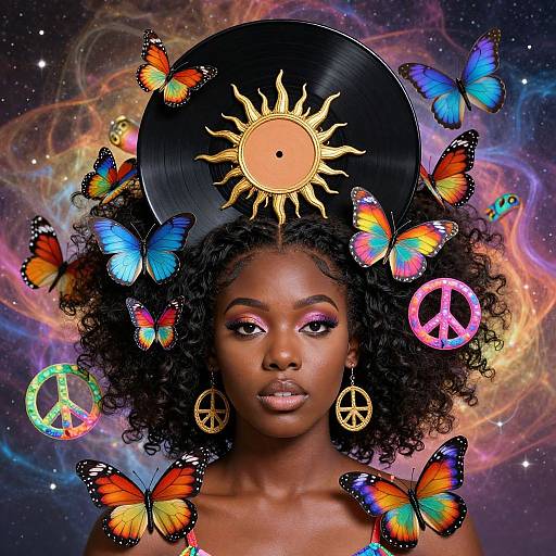 Digital artwork of a dark-skinned woman with curly hair, wearing a sun and vinyl record headpiece, surrounded by colorful butterflies and peace symbols, against