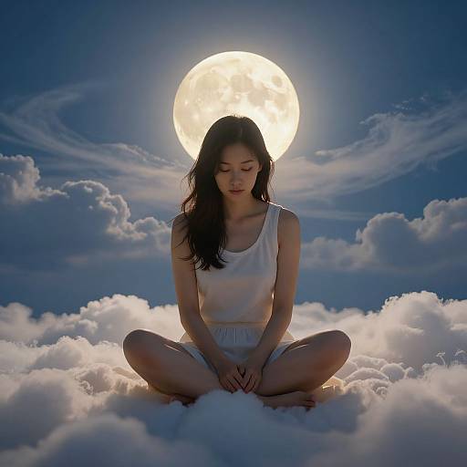 Photograph of an Asian woman with long black hair, sitting cross-legged on a cloud, wearing a white tank top, with a full moon behind her