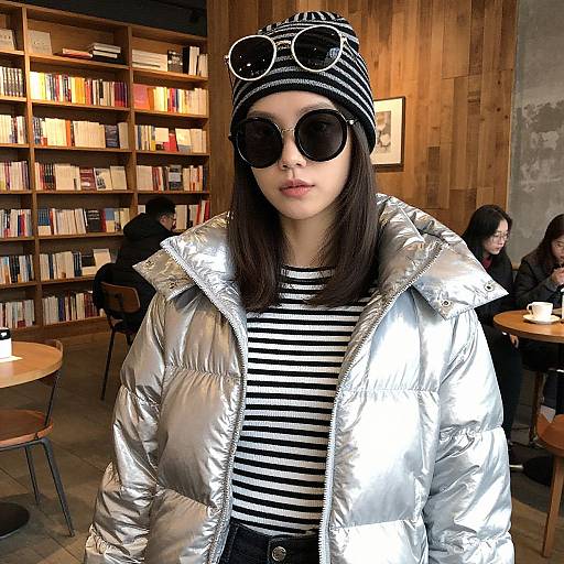 Photograph of a young woman with fair skin, wearing a silver puffer jacket, black-and-white striped shirt, and black-and-white striped beanie
