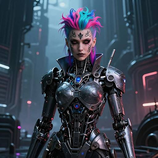 Cyberpunk female warrior with neon blue and pink mohawk, black tribal face markings, and metallic armor, stands in a futuristic cityscape. Digital