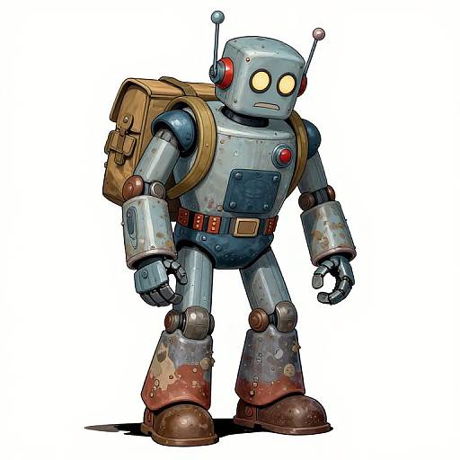 Cartoon-style digital drawing of a blue, rusty robot with yellow eyes, red ear, brown backpack, and worn shoes, standing against a white background