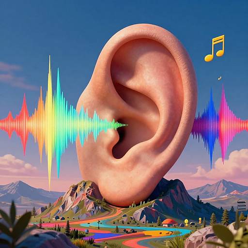 Digital art: Giant pink human ear centered in vibrant, rainbow-colored mountain landscape with musical notes, colorful spikes, and a clear blue sky.
