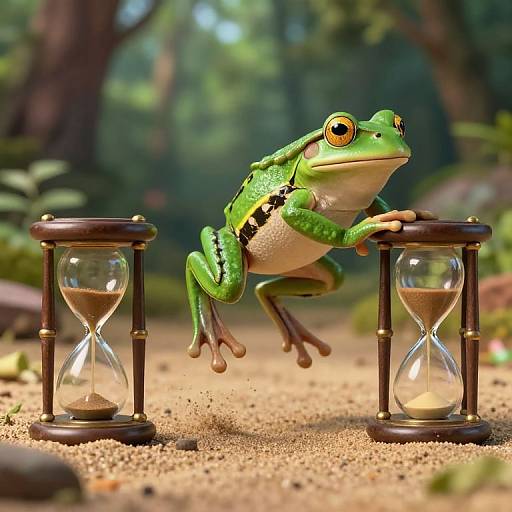Photorealistic CGI of a green frog with yellow eyes, perched between two wooden hourglasses in a sunlit, forested sand setting.