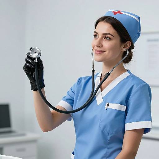 Photograph of a smiling, dark-haired female nurse in blue scrubs and cap, holding a stethoscope, with white background and medical equipment blurred