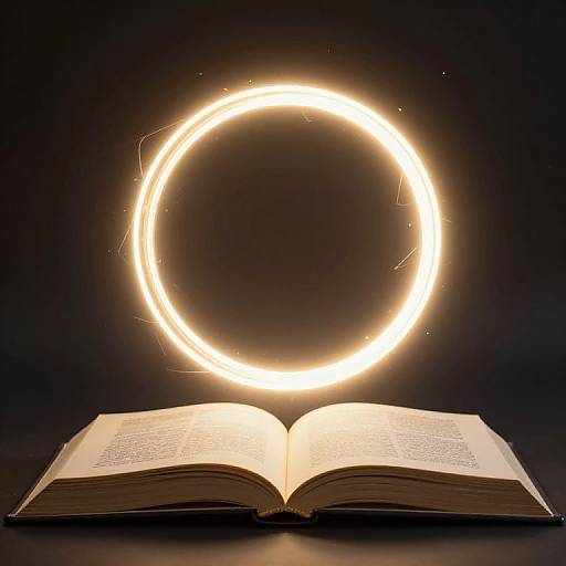 Photograph of an open book with illuminated, glowing circular light ring above it against a dark background. The light ring emits bright, radiant energy.